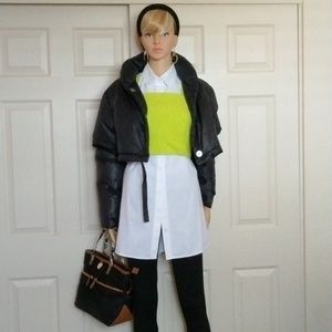 Gap black cropped puffer jacket w/Micheal Kors nylon tote.